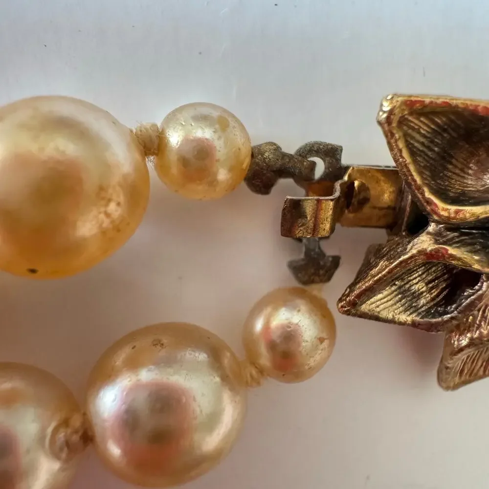 3 Vintage Faux Pearls and Gold Toned Bead Necklace and Two Bracelets 1950’s